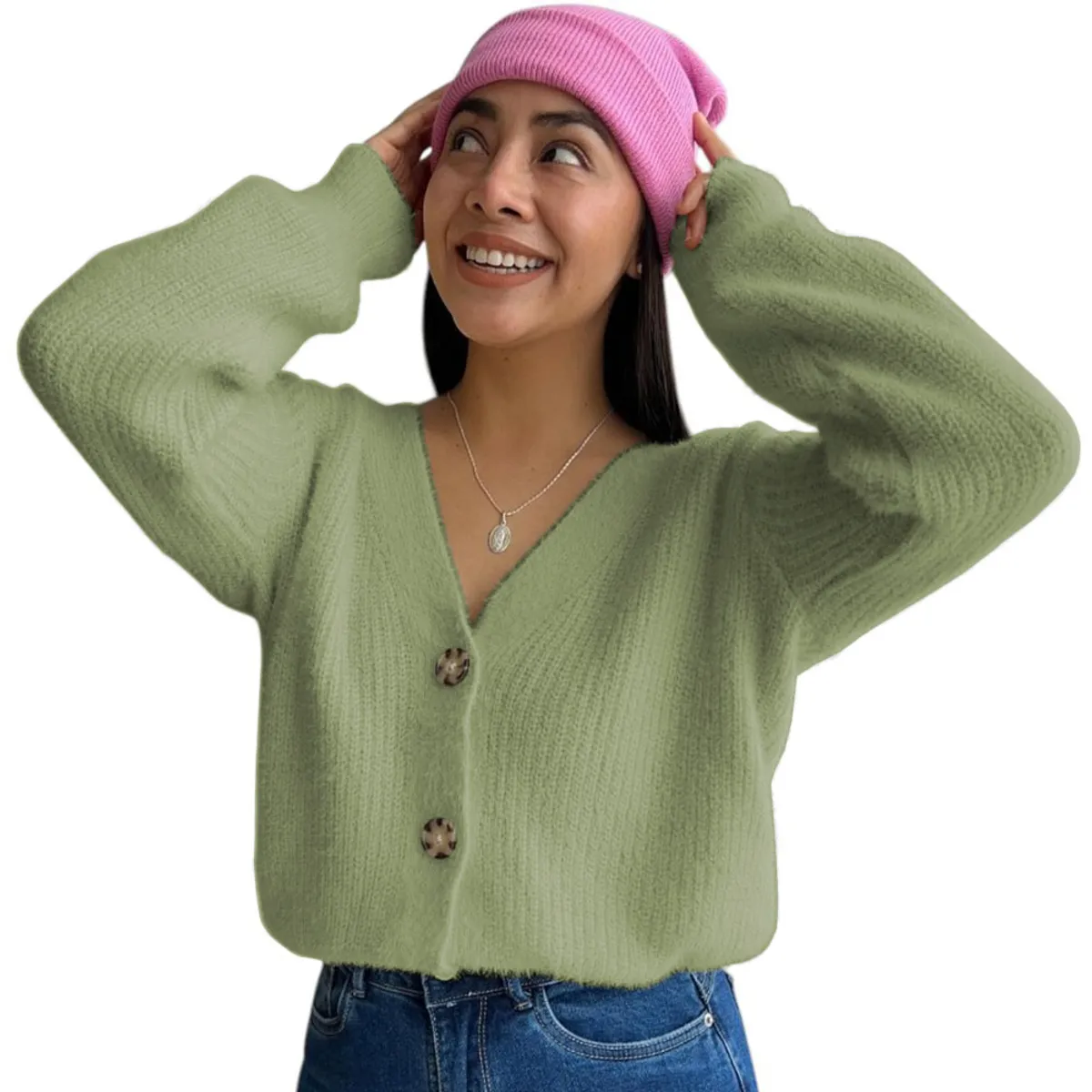 GENERICO - Chompa Mujer Mlarga Botones Moda 359G-25 Color Olivo