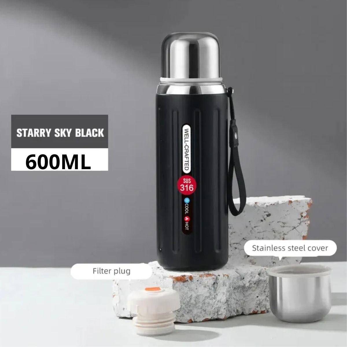 GENERICO - Termo Premium Vacuum 600ml Acero Inoxidable - Negro