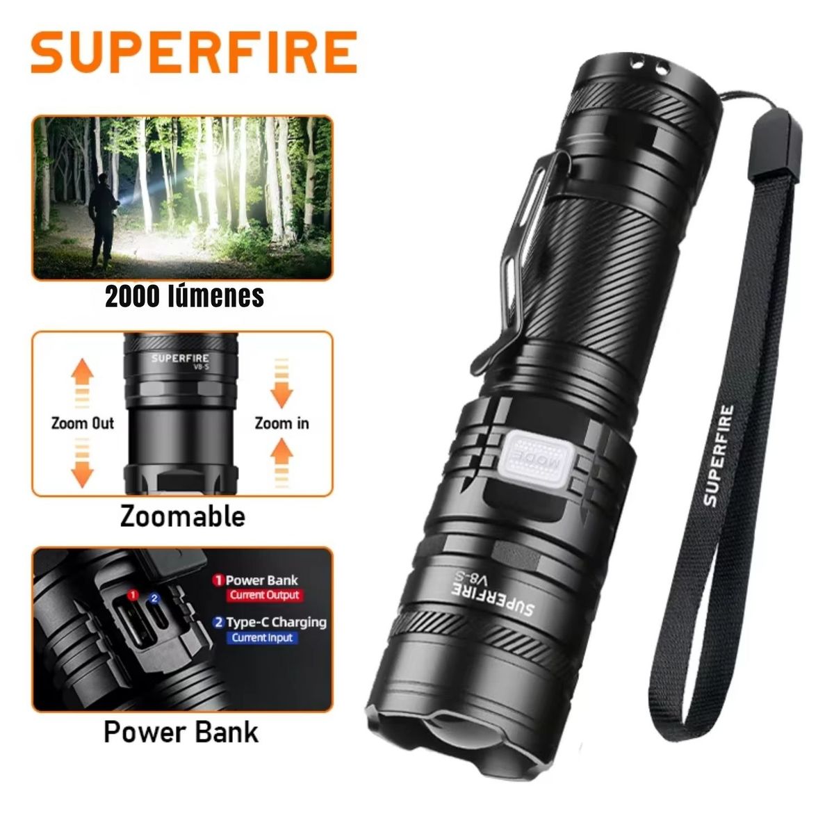 SUPER - Linterna de Mano Militar Recargable y Profesional  P90 Zoom SuperFire