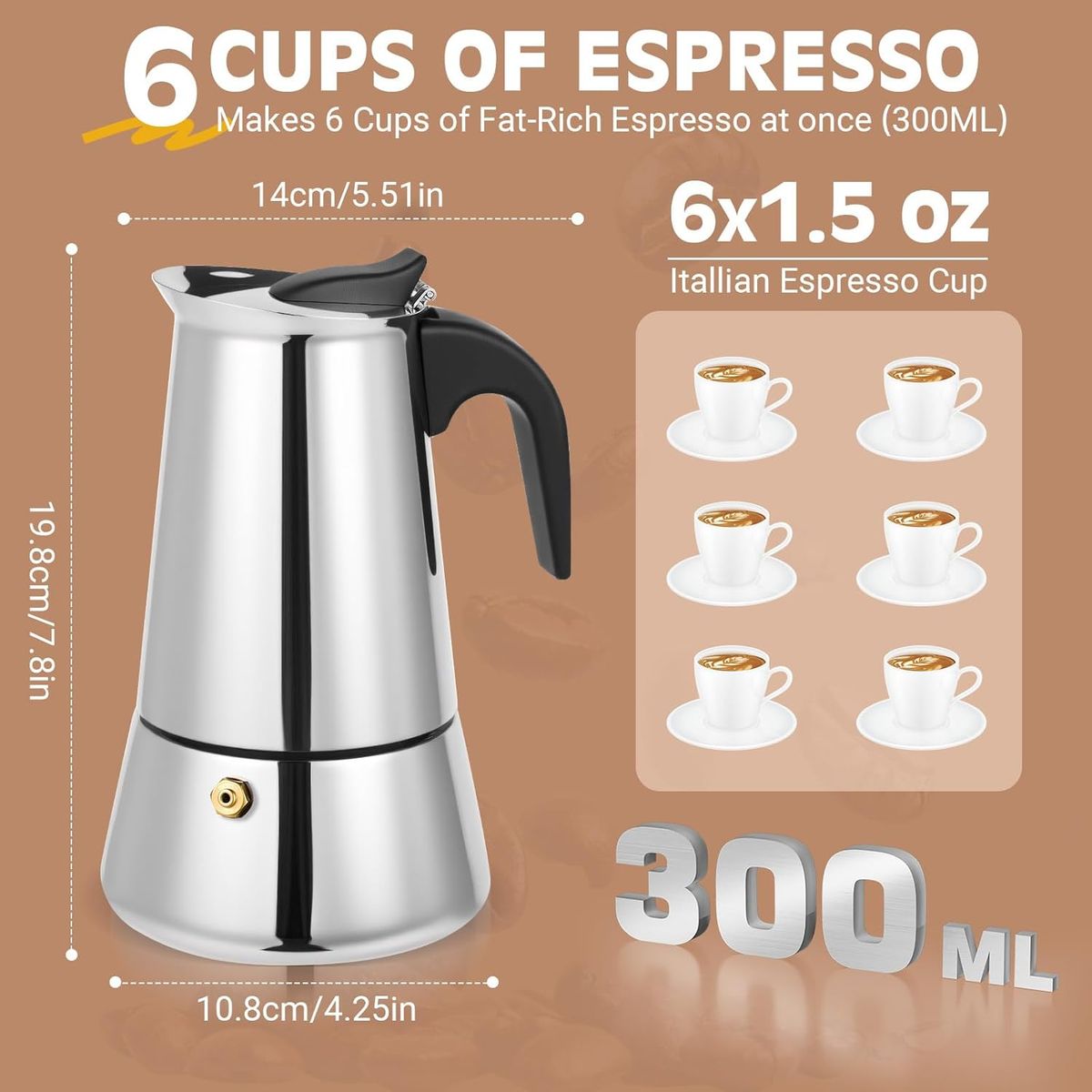 GENERICO - Greca italiana de acero inoxidable 6 tz