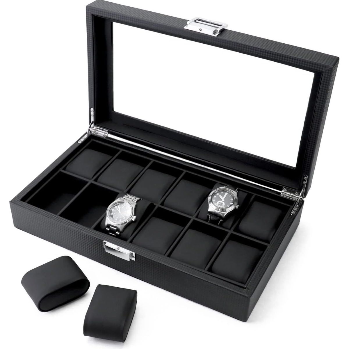 GENERICO - Organizador de 12 Relojes – Diseño Fibra de Carbono con Tapa de Vidrio