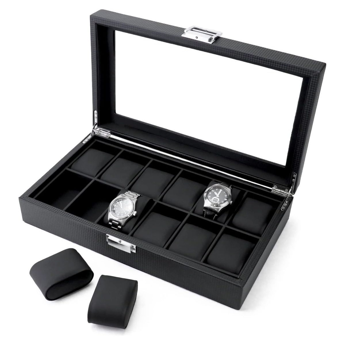 GENERICO - Organizador de 12 Relojes – Diseño Fibra de Carbono con Tapa de Vidrio
