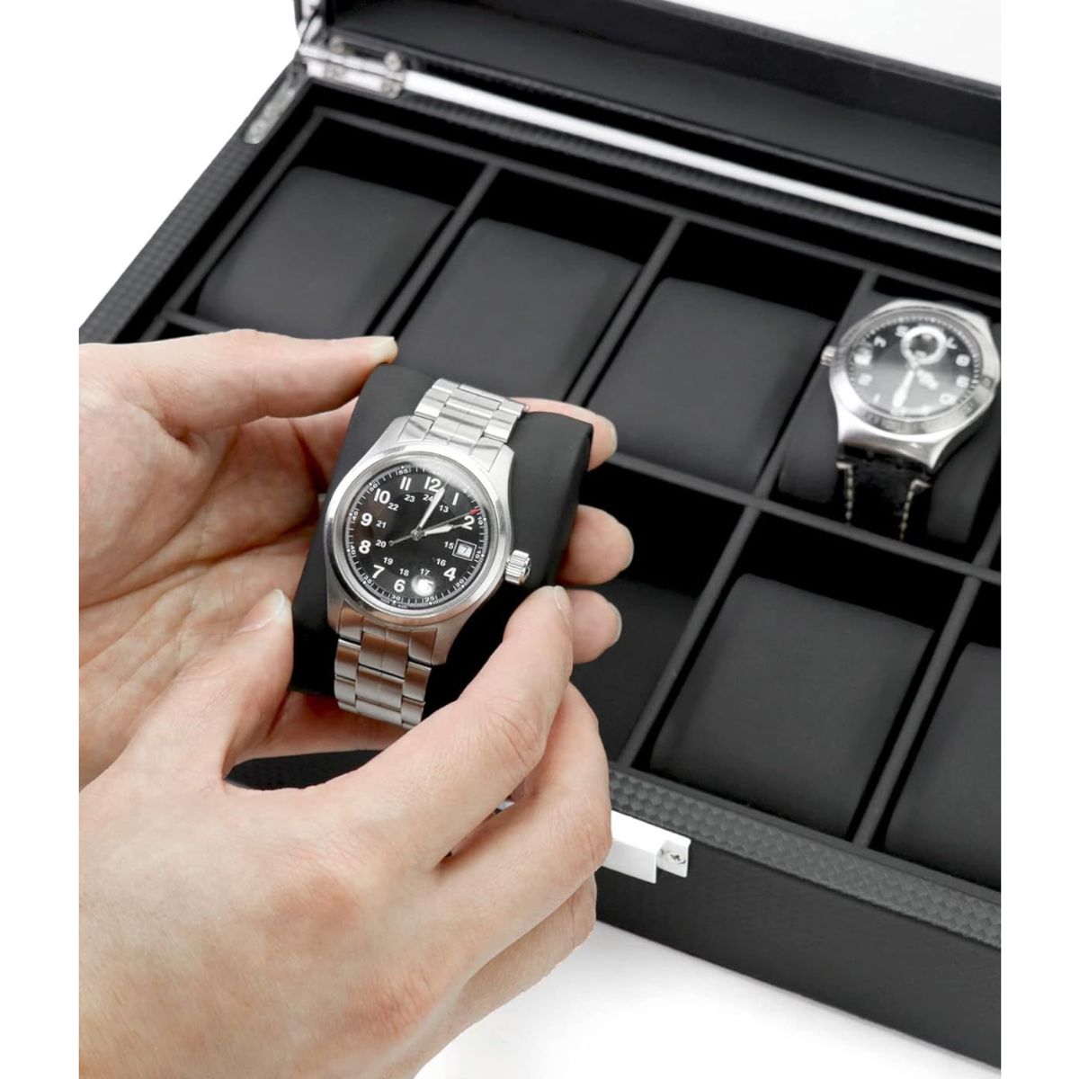 GENERICO - Organizador de 12 Relojes – Diseño Fibra de Carbono con Tapa de Vidrio
