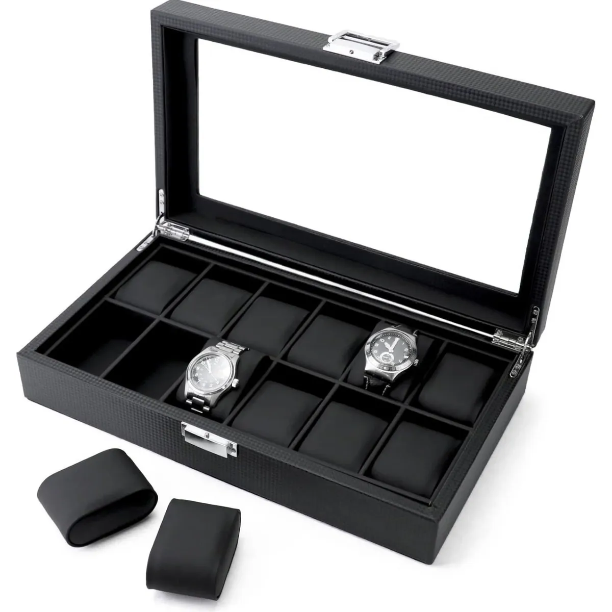 GENERICO - Organizador de 12 Relojes – Diseño Fibra de Carbono con Tapa de Vidrio