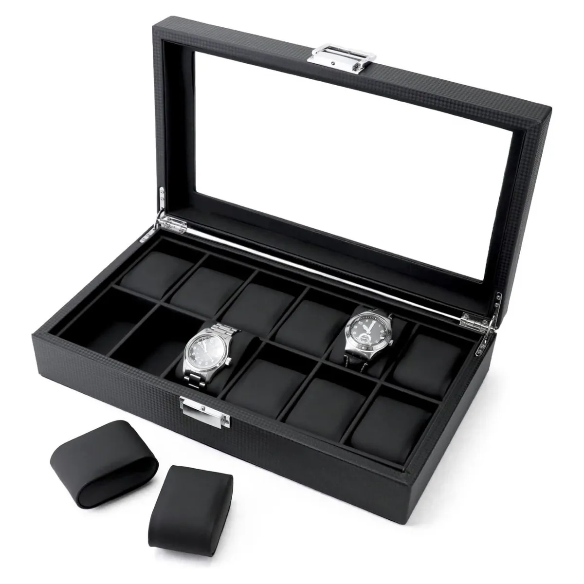 GENERICO - Organizador de 12 Relojes – Diseño Fibra de Carbono con Tapa de Vidrio