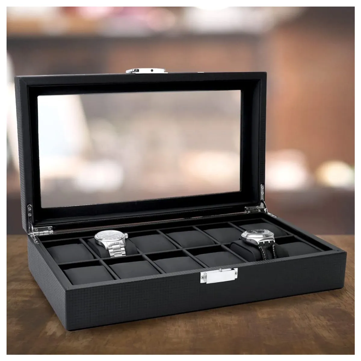 GENERICO - Organizador de 12 Relojes – Diseño Fibra de Carbono con Tapa de Vidrio