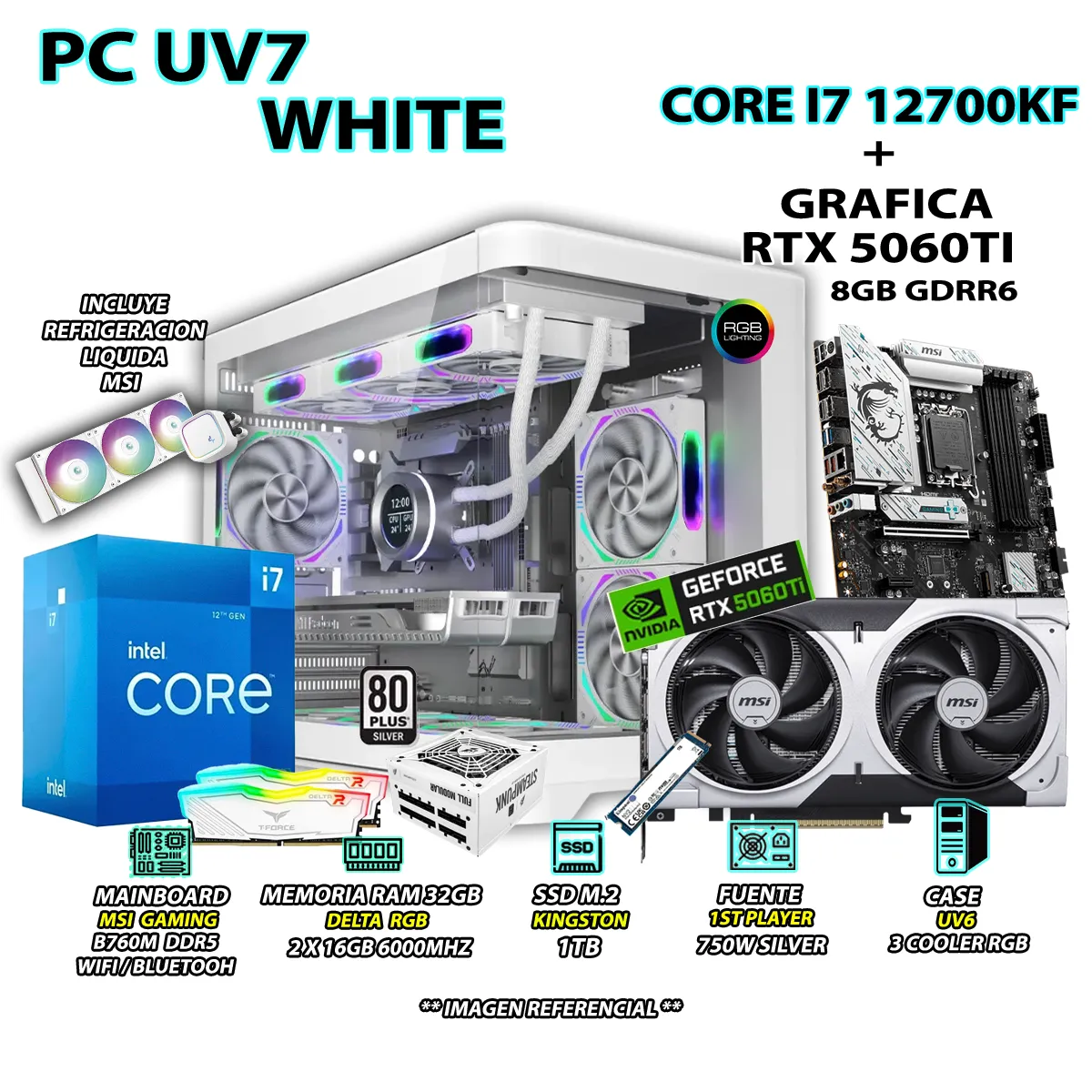 INTEL - Computadora PC Gamer INTEL I7 12700KF RAM 32GB SSD 1TB GRAFICA RTX 5060TI 8GB
