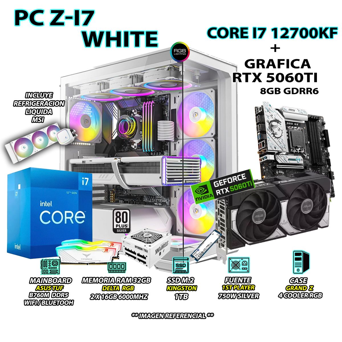 INTEL - Computadora PC Gamer INTEL I7 12700KF RAM 32GB SSD 1TB GRAFICA RTX 5060TI 8GB