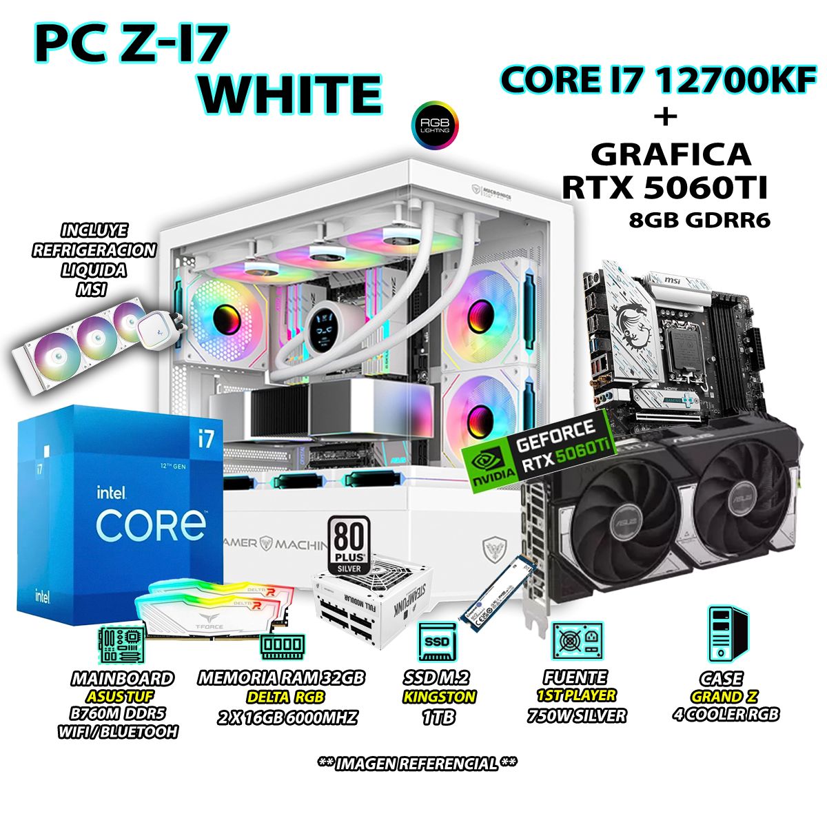 INTEL - Computadora PC Gamer INTEL I7 12700KF RAM 32GB SSD 1TB GRAFICA RTX 5060TI 8GB
