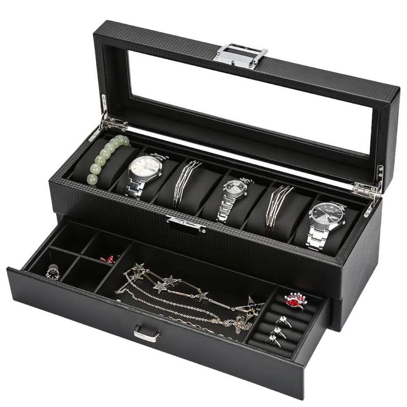 GENERICO - Organizador de reloj 2 niveles de madera forrado con fibra de carbono