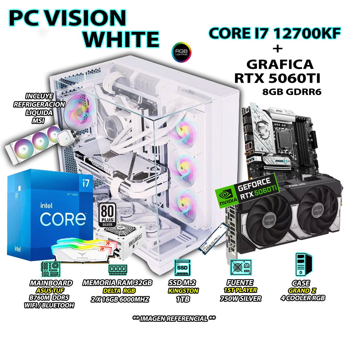 INTEL - Computadora PC Gamer INTEL I7 12700KF RAM 32GB SSD 1TB GRAFICA RTX 5060TI 8GB