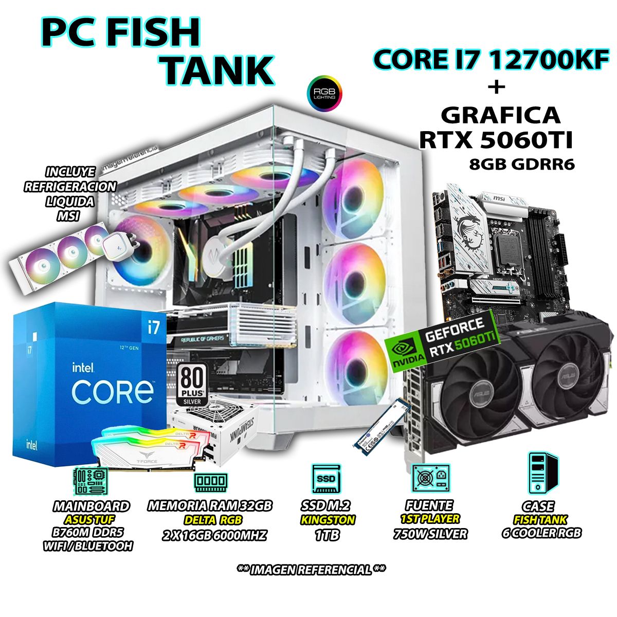 INTEL - Computadora PC Gamer INTEL I7 12700KF RAM 32GB SSD 1TB GRAFICA RTX 5060TI 8GB