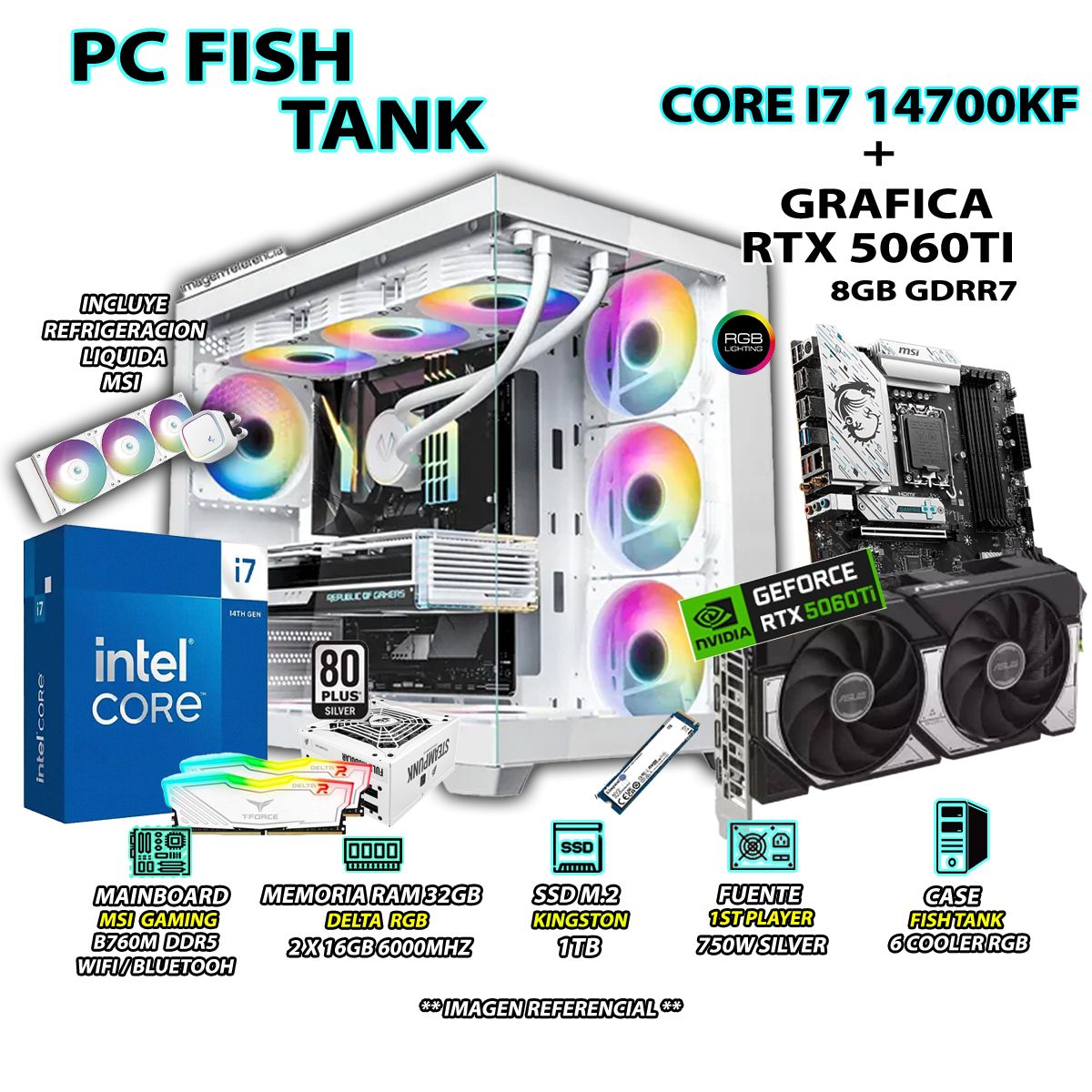 INTEL - Computadora PC Gamer INTEL I7 14700KF RAM 32GB SSD 1TB GRAFICA RTX 5060TI 8GB