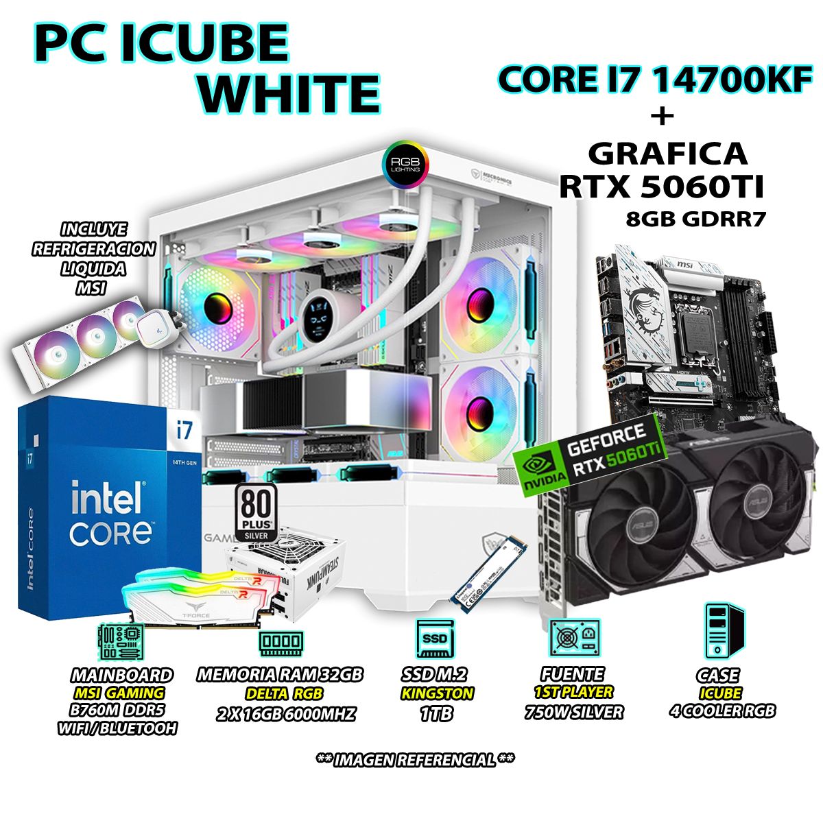 INTEL - Computadora PC Gamer INTEL I7 14700KF RAM 32GB SSD 1TB GRAFICA RTX 5060TI 8GB