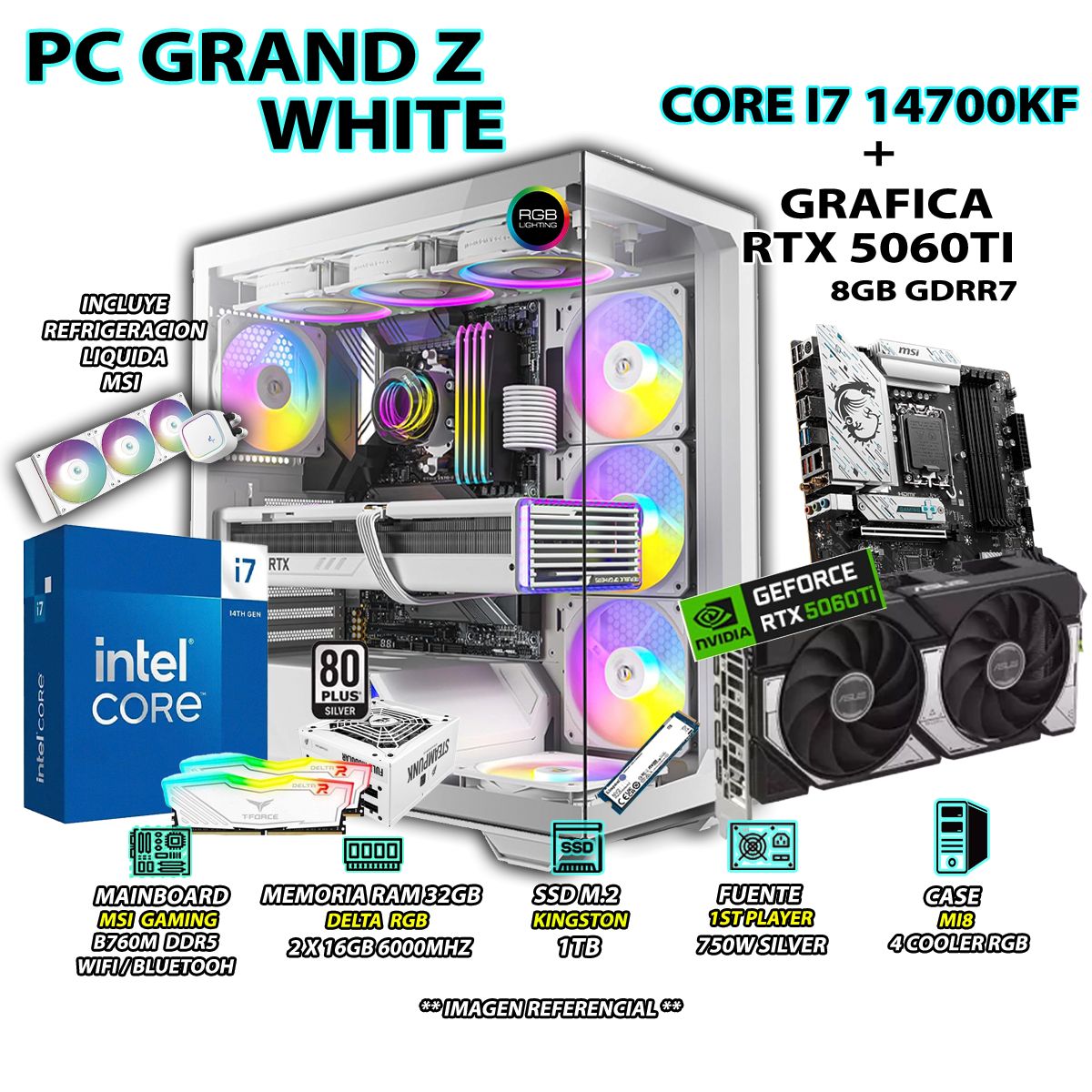 INTEL - Computadora PC Gamer INTEL I7 14700KF RAM 32GB SSD 1TB GRAFICA RTX 5060TI 8GB