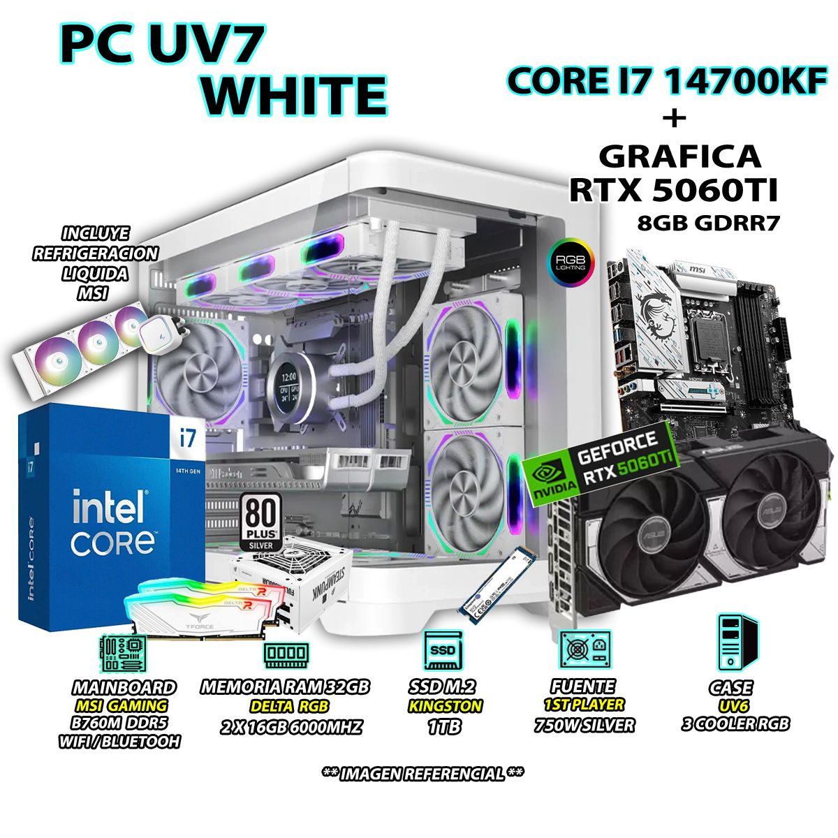 INTEL - Computadora PC Gamer INTEL I7 14700KF RAM 32GB SSD 1TB GRAFICA RTX 5060TI 8GB