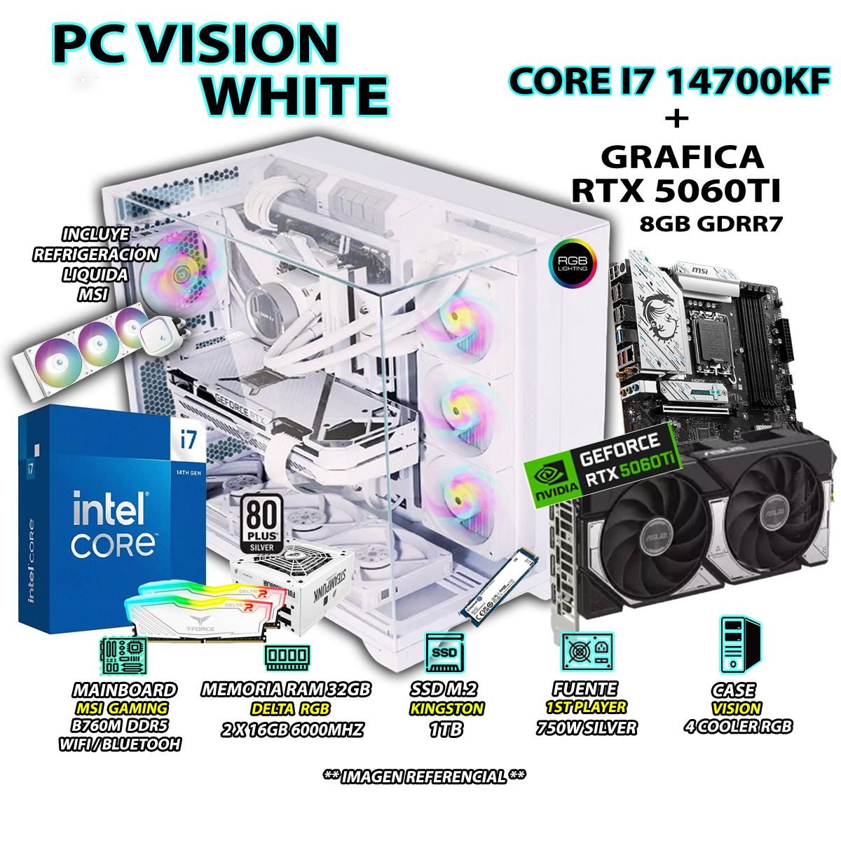 INTEL - Computadora PC Gamer INTEL I7 14700KF RAM 32GB SSD 1TB GRAFICA RTX 5060TI 8GB