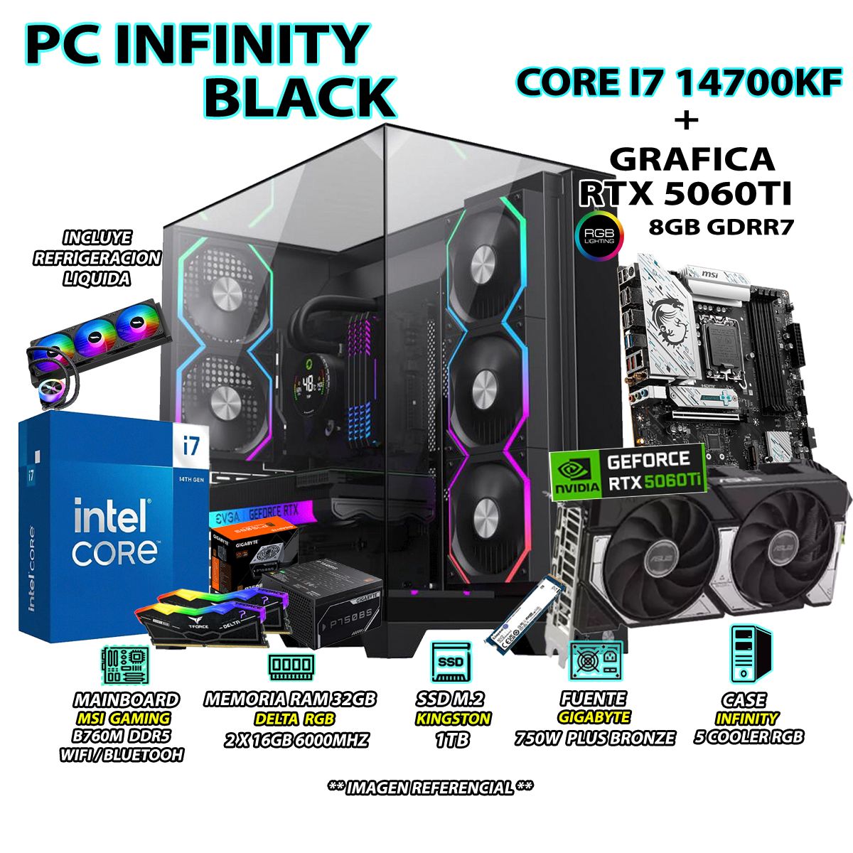 INTEL - Computadora PC Gamer INTEL I7 14700KF RAM 32GB SSD 1TB GRAFICA RTX 5060TI 8GB