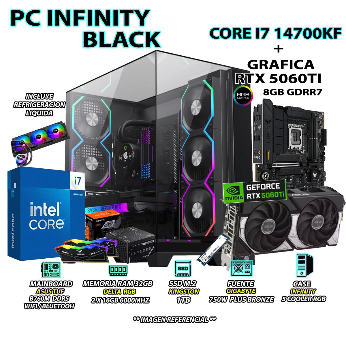 INTEL - Computadora PC Gamer INTEL I7 14700KF RAM 32GB SSD 1TB GRAFICA RTX 5060TI 8GB