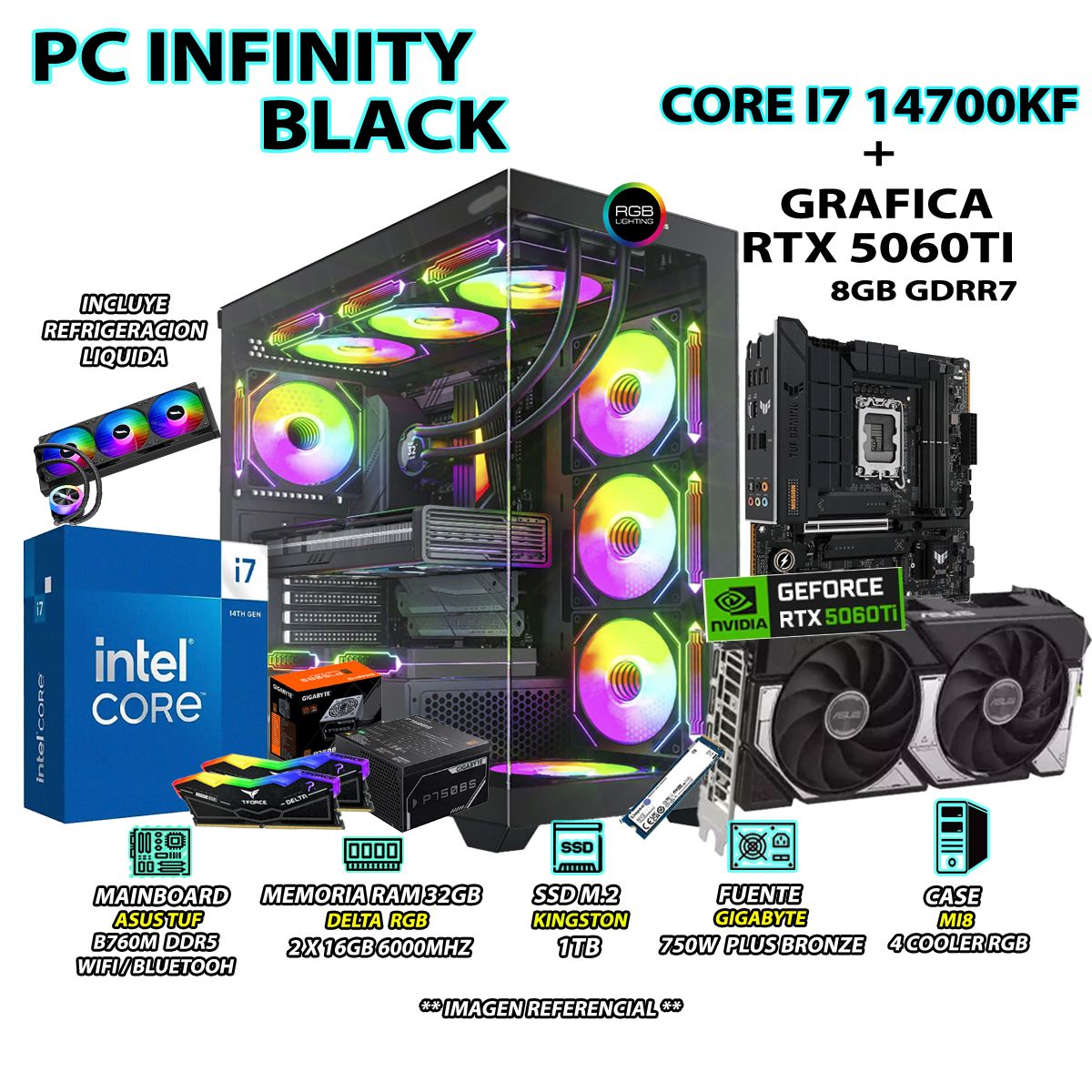 INTEL - Computadora PC Gamer INTEL I7 14700KF RAM 32GB SSD 1TB GRAFICA RTX 5060TI 8GB