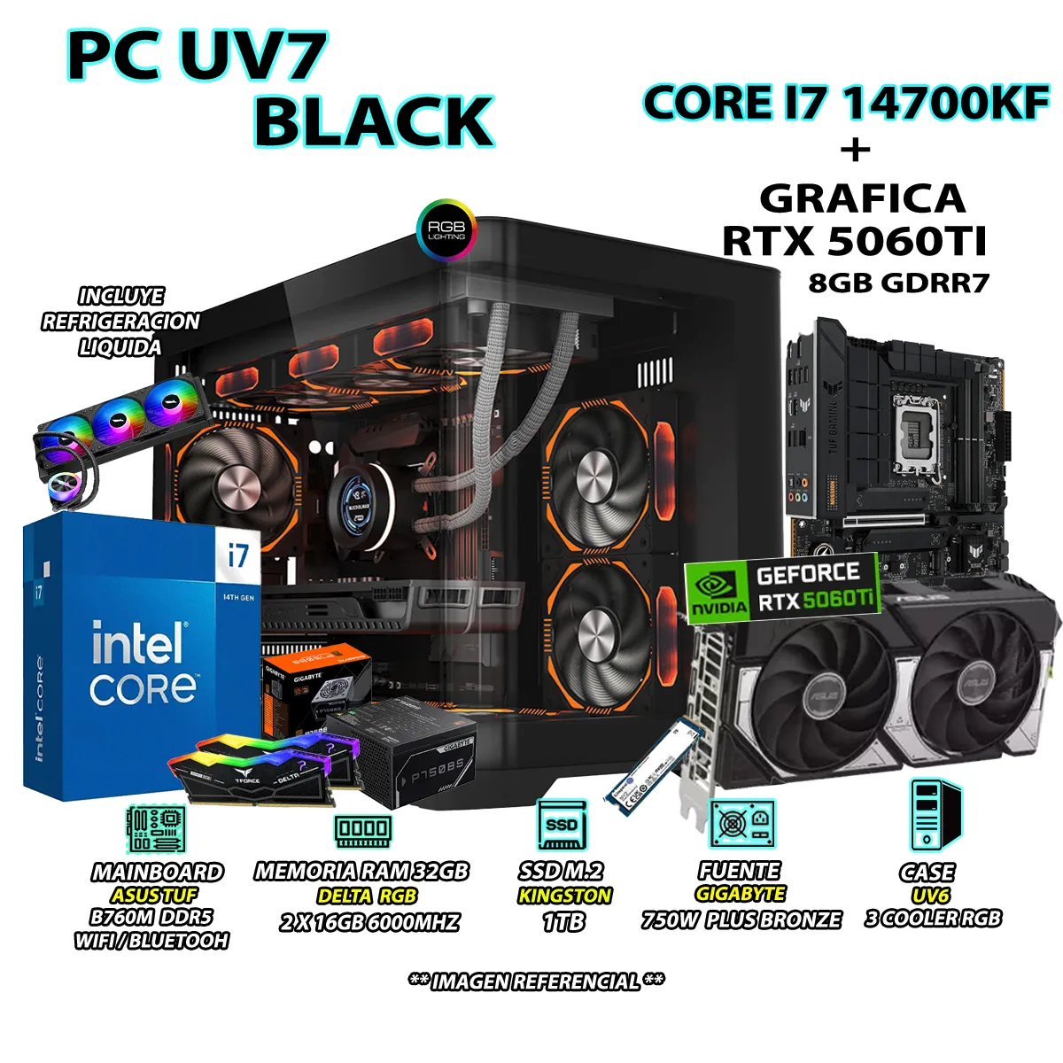 INTEL - Computadora PC Gamer INTEL I7 14700KF RAM DDR5 32GB SSD 1TB GRAFICA RTX 5060TI 8GB