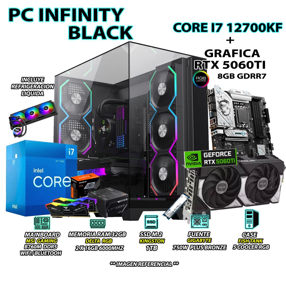 INTEL - Computadora PC Gamer INTEL I7 12700KF RAM 32GB SSD 1TB GRAFICA RTX 5060TI 8GB