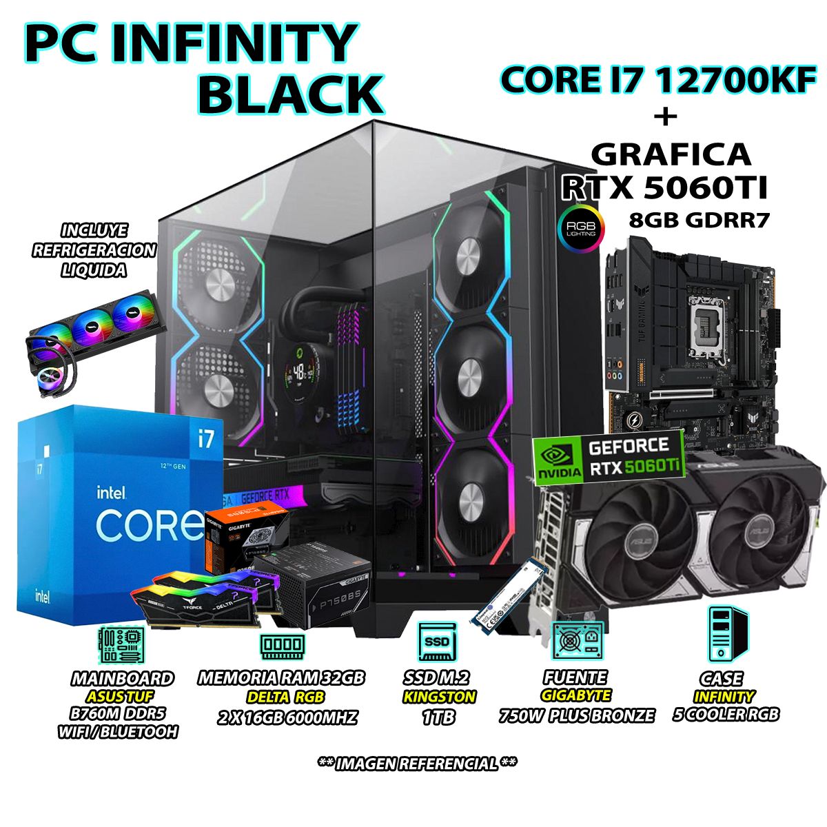 INTEL - Computadora PC Gamer INTEL I7 12700KF RAM 32GB SSD 1TB GRAFICA RTX 5060TI 8GB