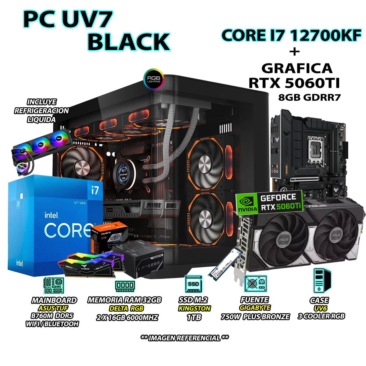 INTEL - Computadora PC Gamer INTEL I7 12700KF RAM 32GB SSD 1TB GRAFICA RTX 5060TI 8GB