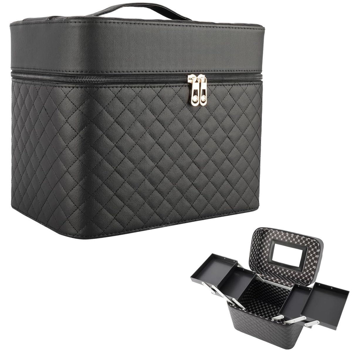 GENERICO - Organizador de Maquillaje con Bandeja Plegable Espejo y Gran Capacidad