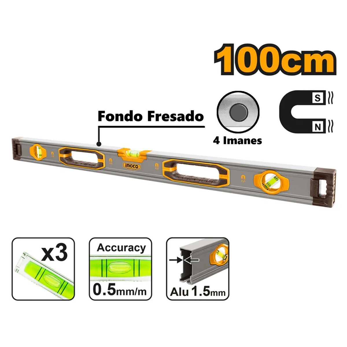 INGCO TOOLS - Nivel Profesional Magnético de 100 cm de Aluminio Ingco