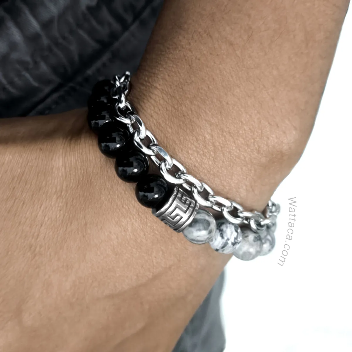 WATTACA - Pulsera Doble para hombre Jaspe Obsidiana Acero Inoxidable  Ajustable