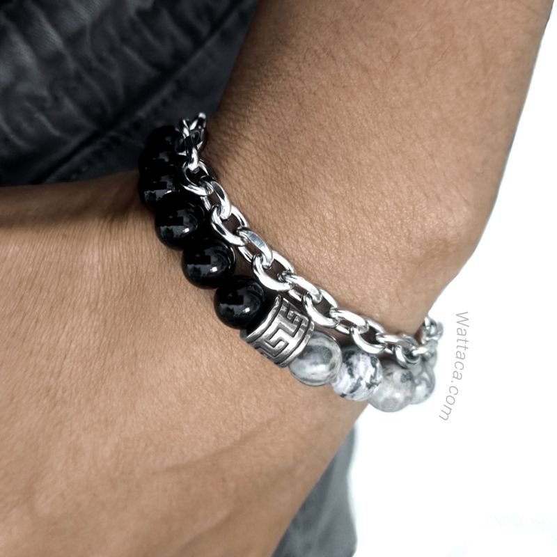 WATTACA - Pulsera Doble para hombre Jaspe Obsidiana Acero Inoxidable  Ajustable