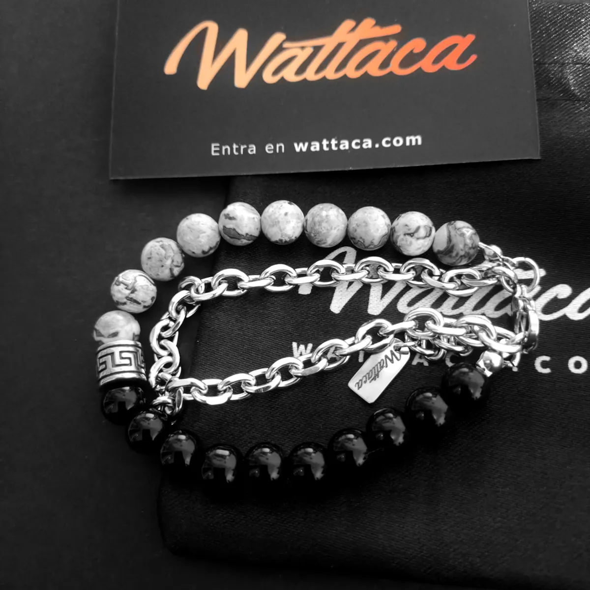 WATTACA - Pulsera Doble para hombre Jaspe Obsidiana Acero Inoxidable  Ajustable