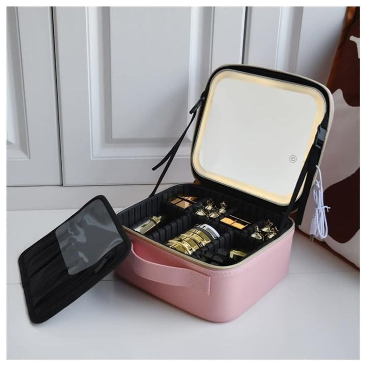 GENERICO - Maleta para cosméticos impermeable con espejo luz LED