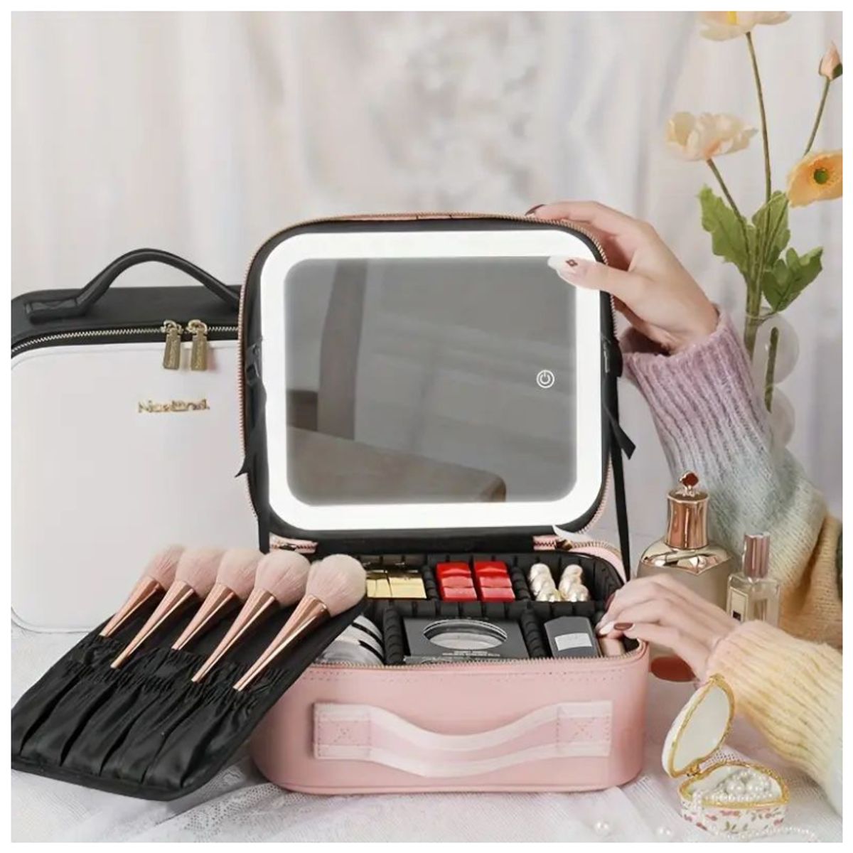 GENERICO - Maleta para cosméticos impermeable con espejo luz LED