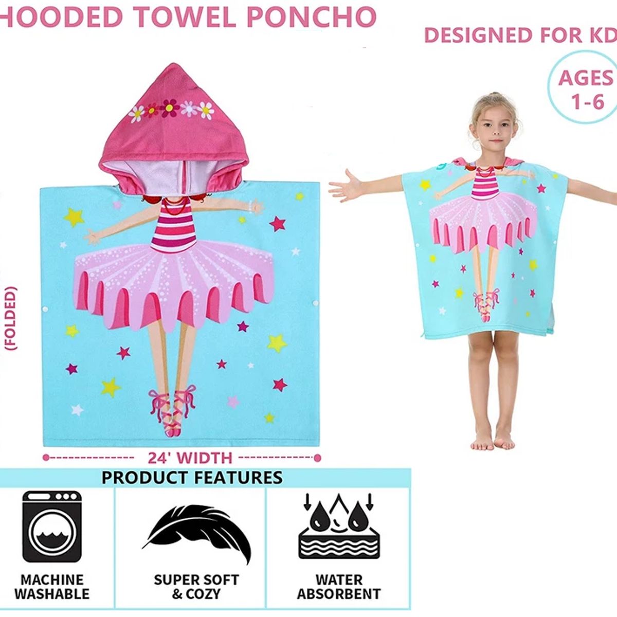 GENERICO - Toalla de Playa con Capucha niños Poncho 2-5 años bailarina