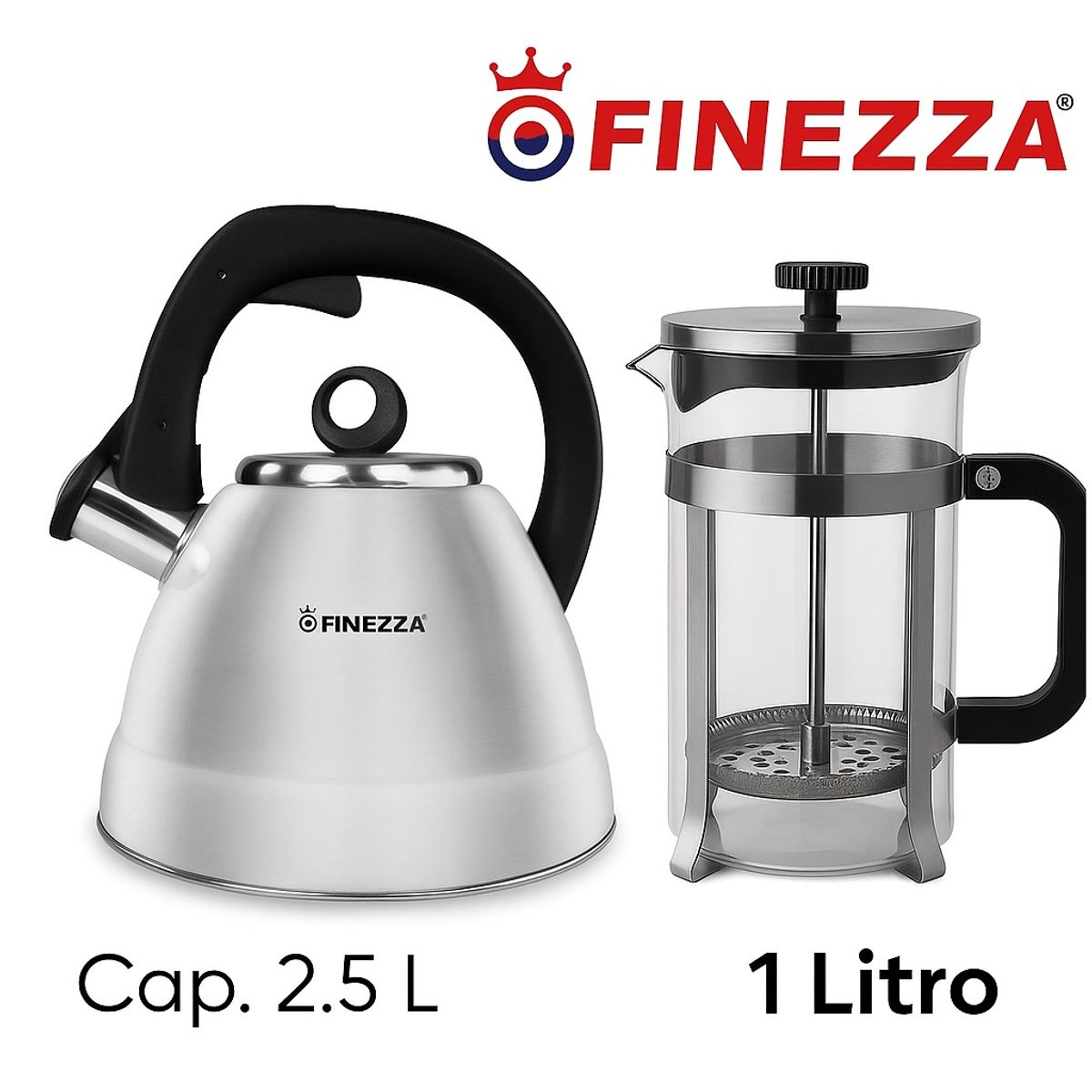 FINEZZA - COMBO Tetera Finezza  2.50 Lt. y Cafetera FRANCES  Acero Inoxidable