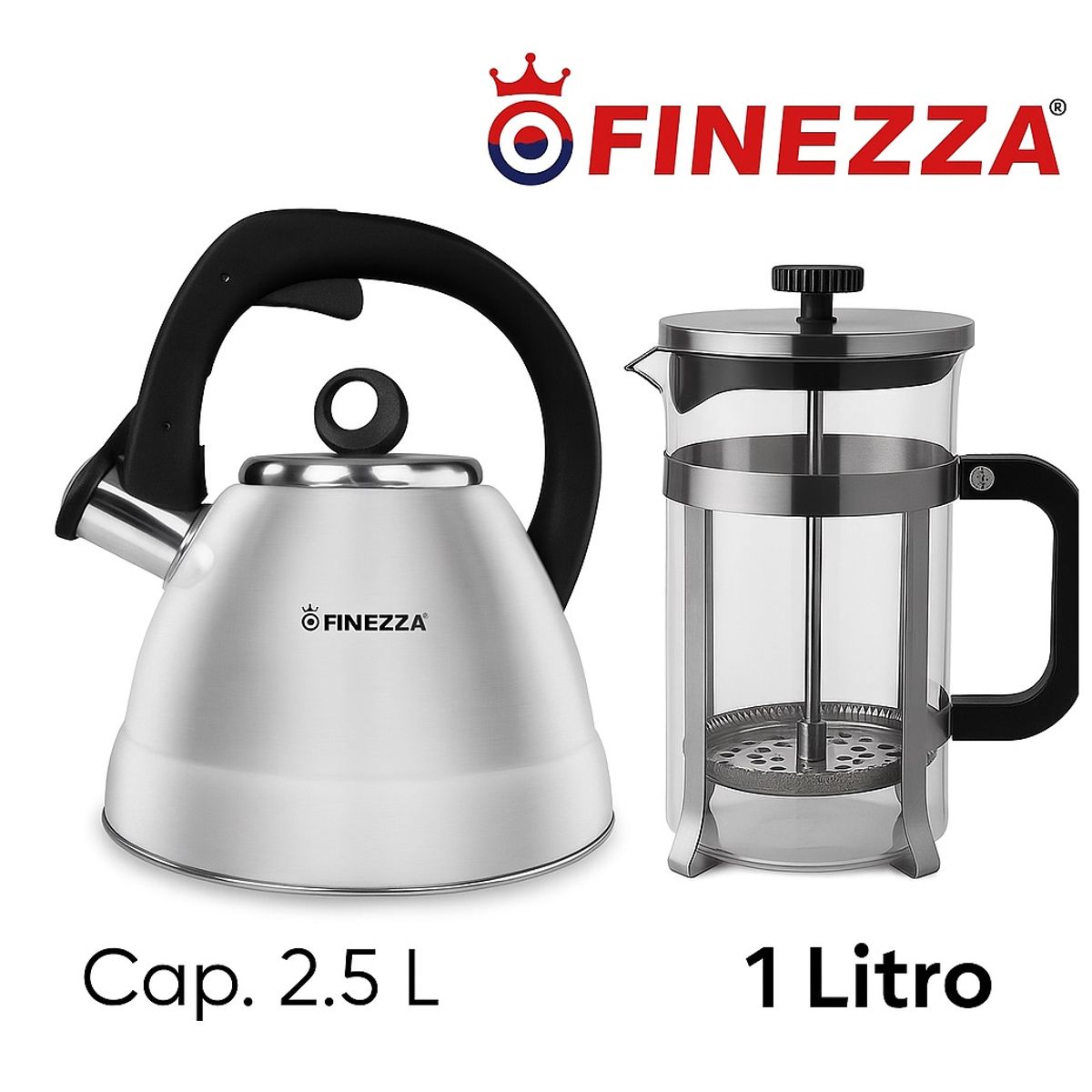 FINEZZA - COMBO Tetera Finezza  2.50 Lt. y Cafetera FRANCES  Acero Inoxidable