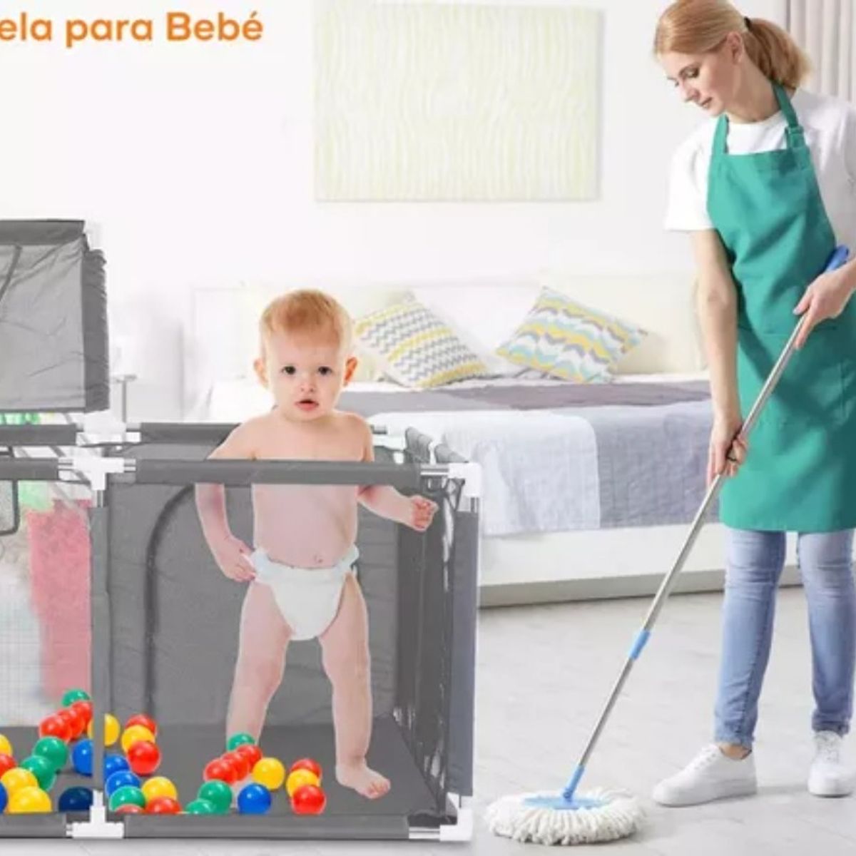 ANYHOGAR - Corral Seguridad Bebes Con Aro De Basket 180cm Gris