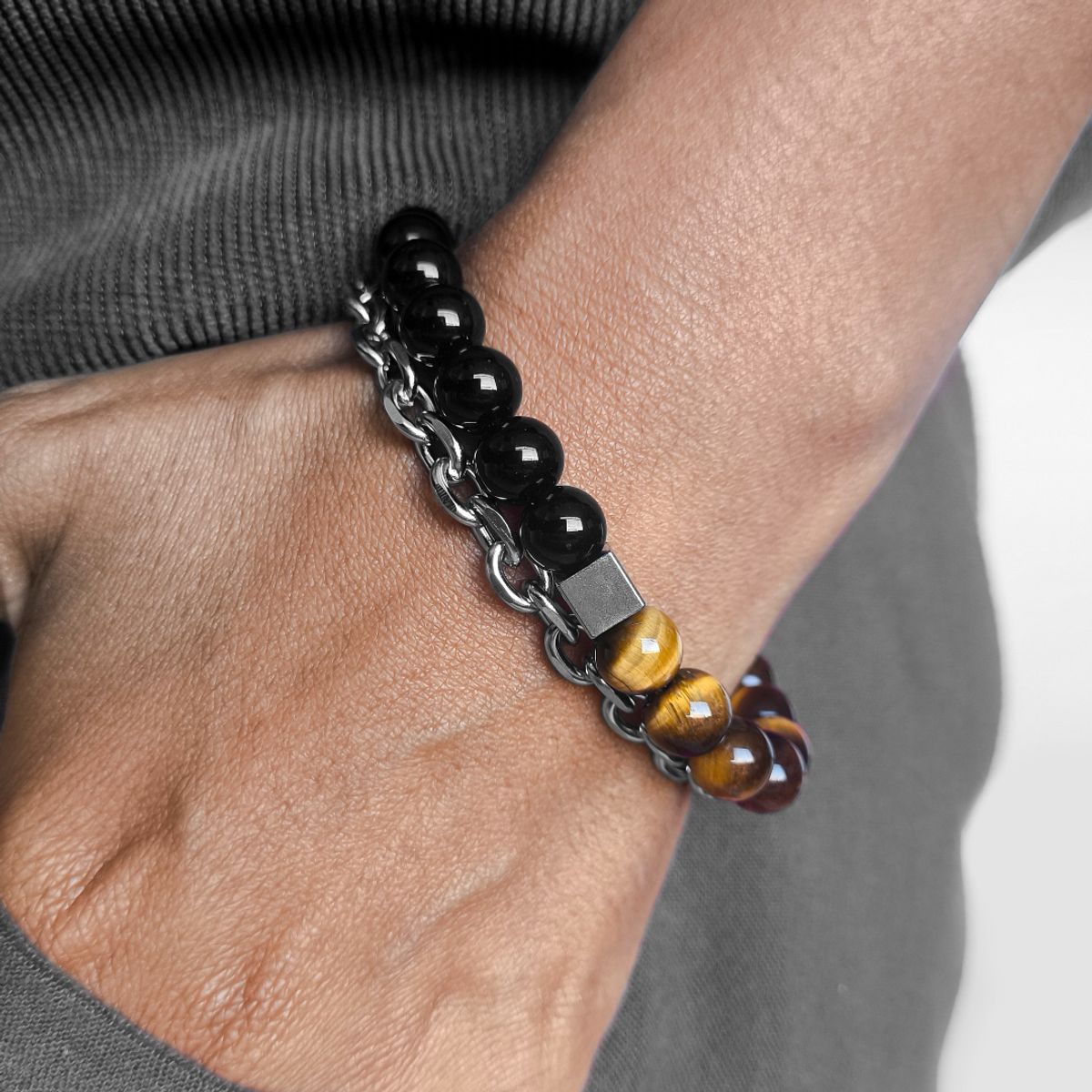 WATTACA - Pulsera Doble para hombre Ojo de Tigre Obsidiana Acero Inox  Ajustable