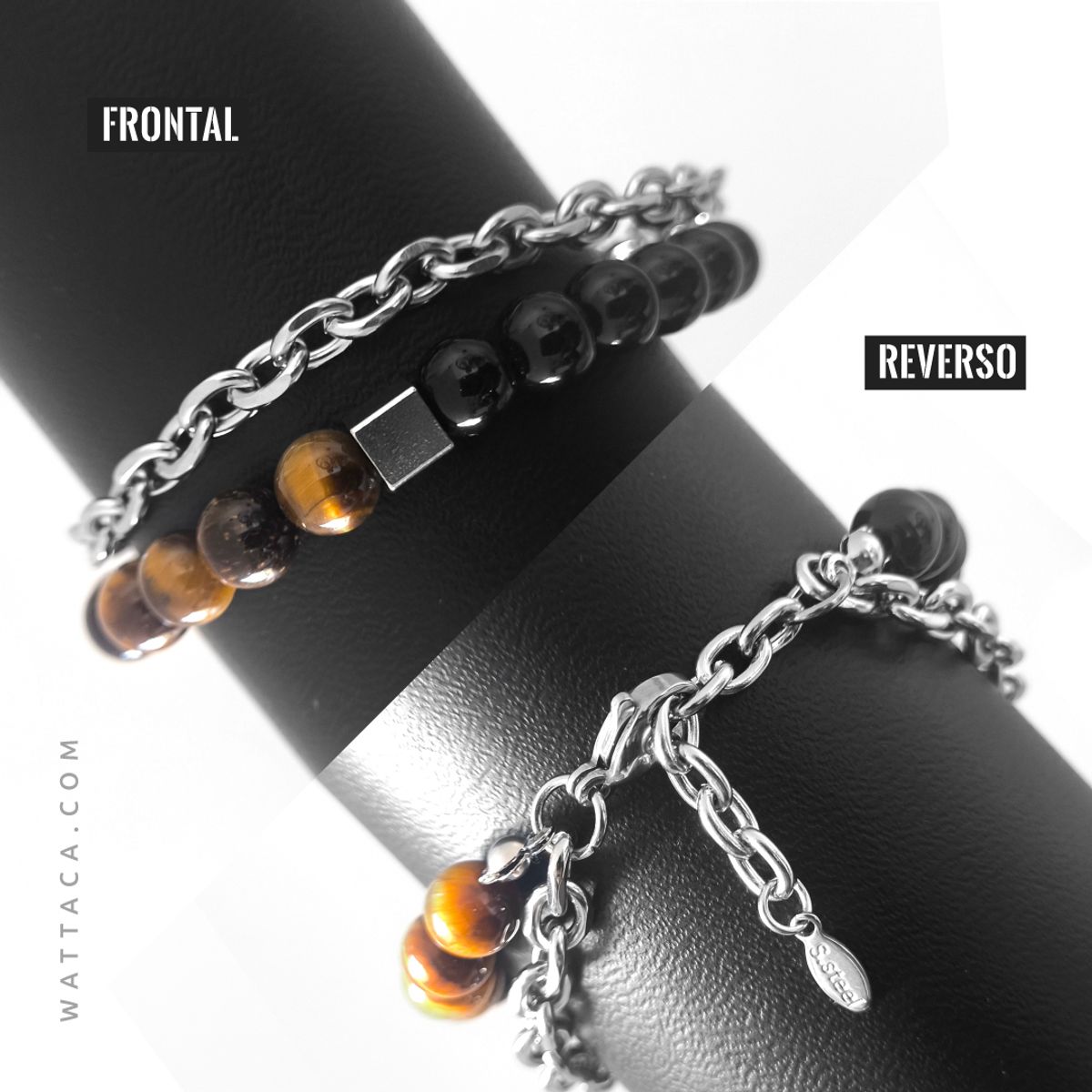 WATTACA - Pulsera Doble para hombre Ojo de Tigre Obsidiana Acero Inox  Ajustable