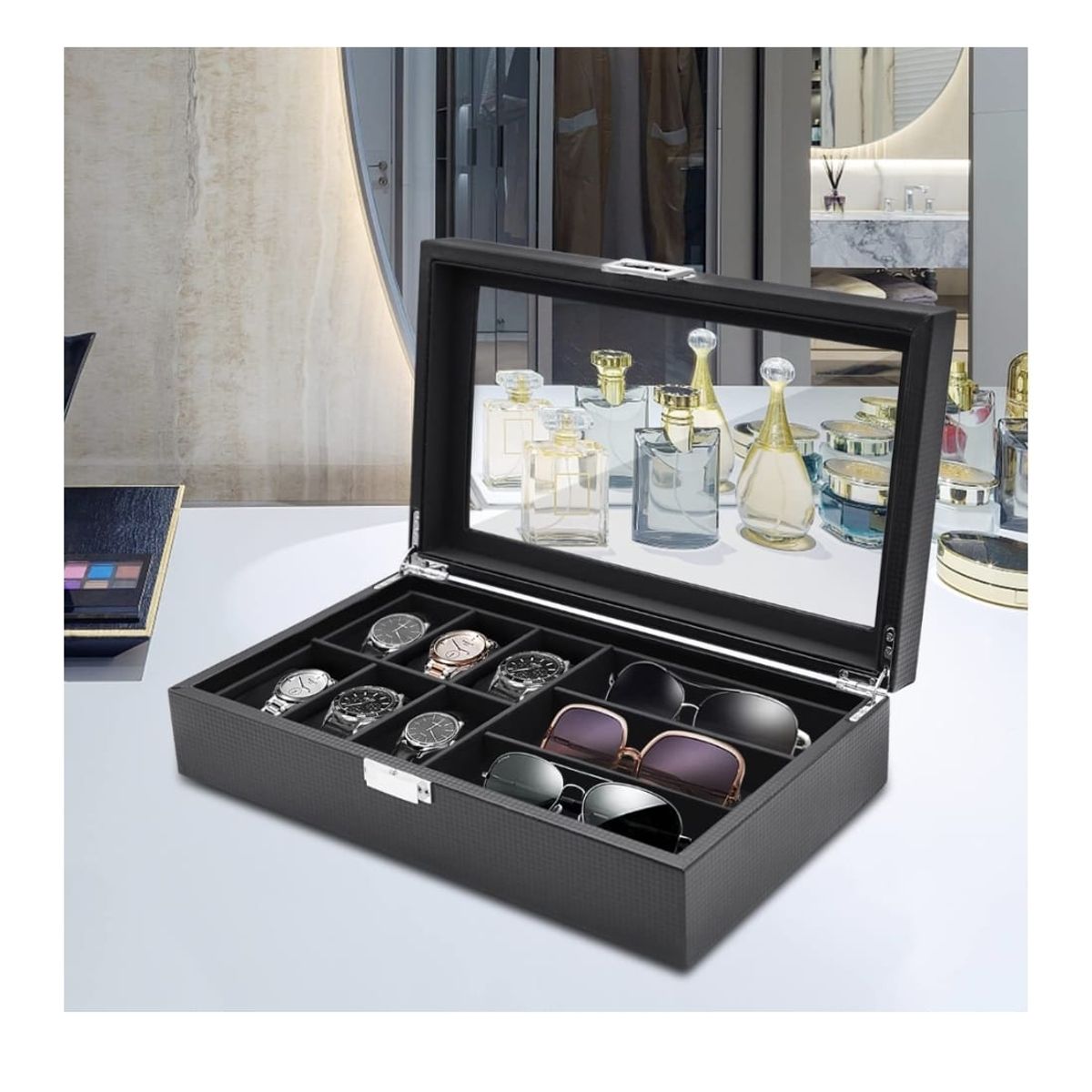 GENERICO - Organizador de Lujo para 6 Relojes y 3 Gafas - Elegancia y Visibilidad