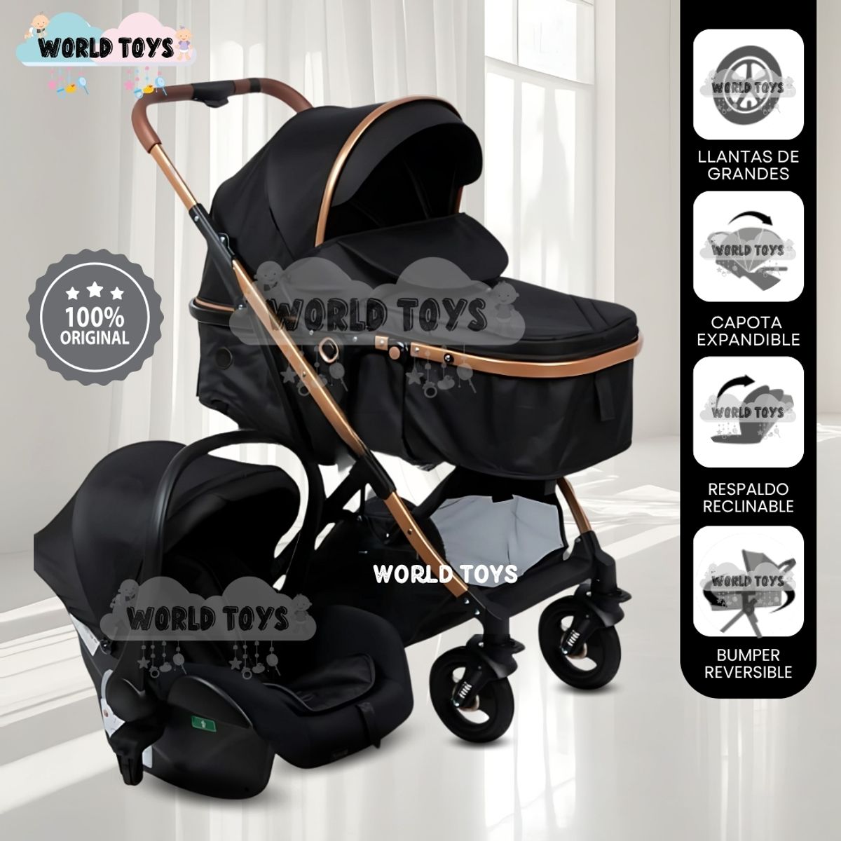 BABY - Coche Cuna Moisés de Lujo «RONDA PRIME» Black