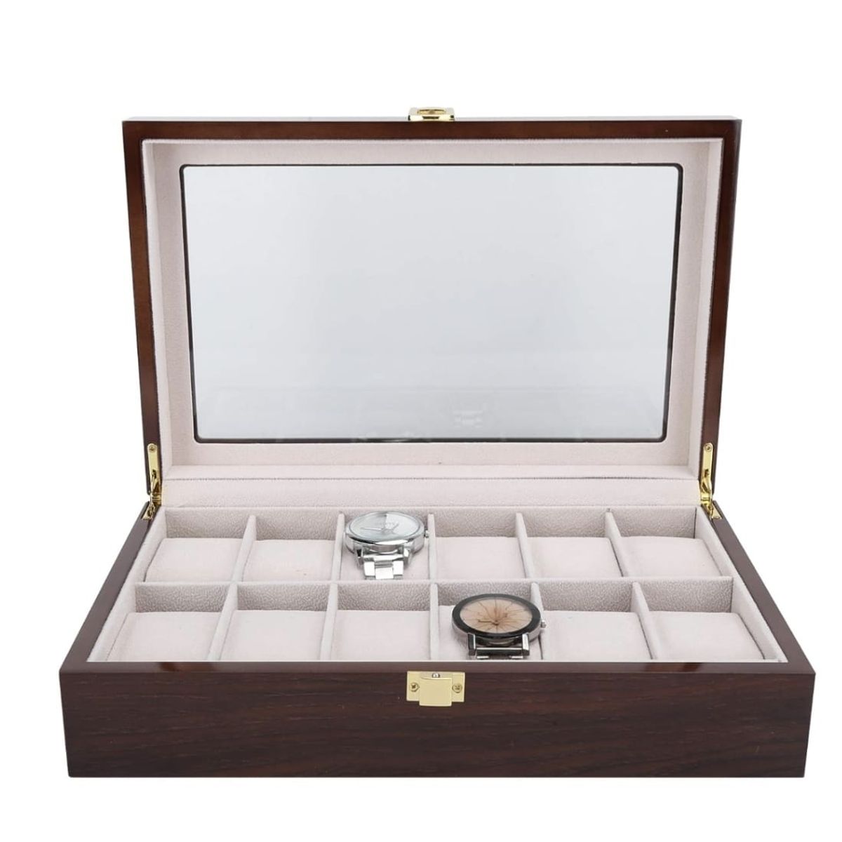 GENERICO - Elegante Caja Organizadora de Relojes de Madera Oscura con Tapa de Cristal para 12 Relojes