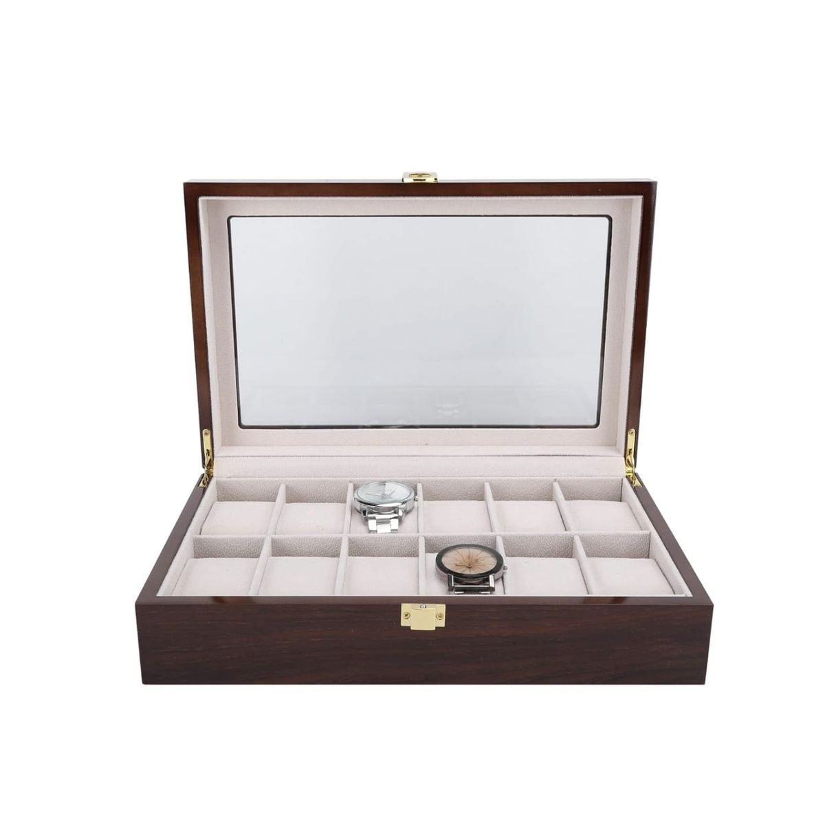 GENERICO - Elegante Caja Organizadora de Relojes de Madera Oscura con Tapa de Cristal para 12 Relojes