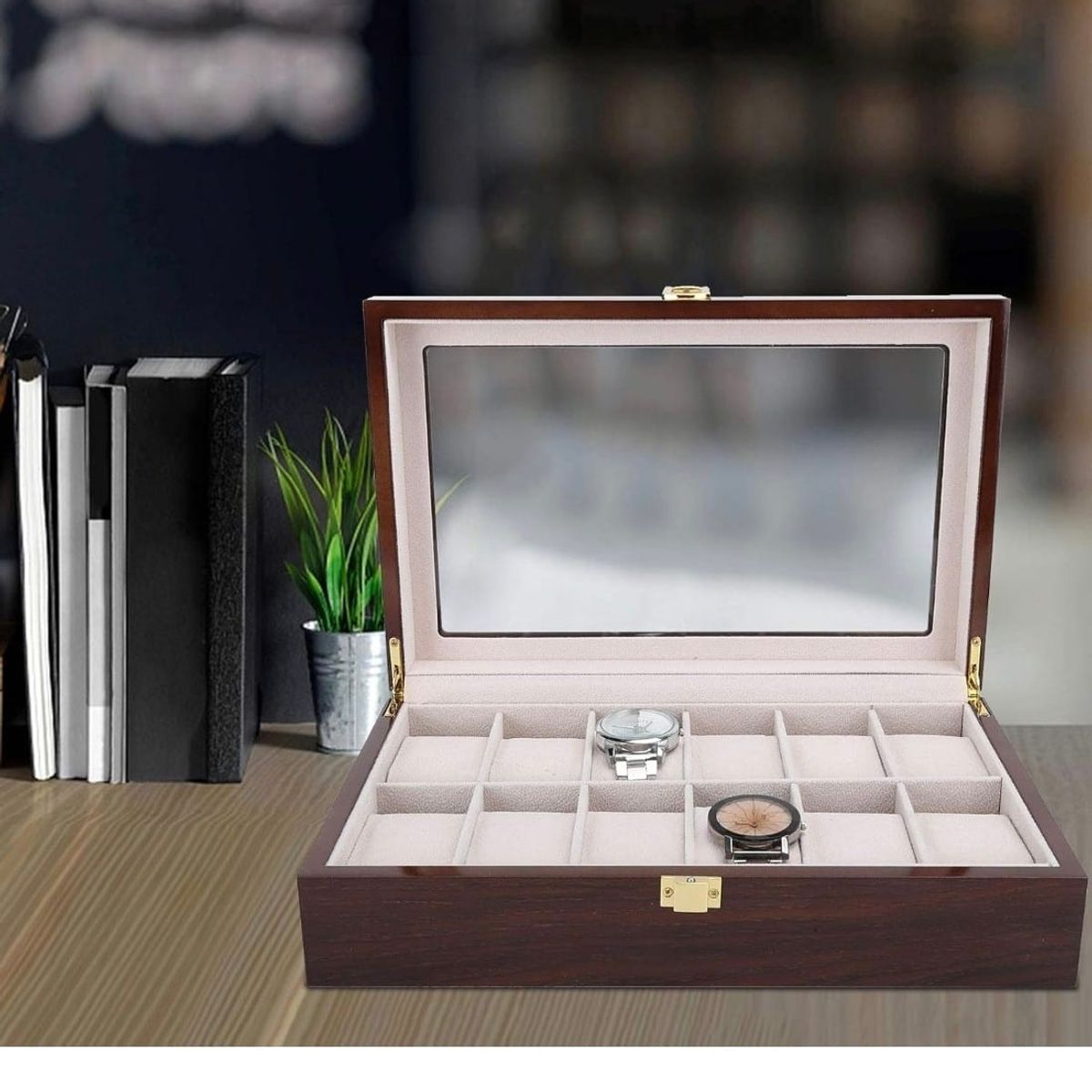 GENERICO - Elegante Caja Organizadora de Relojes de Madera Oscura con Tapa de Cristal para 12 Relojes
