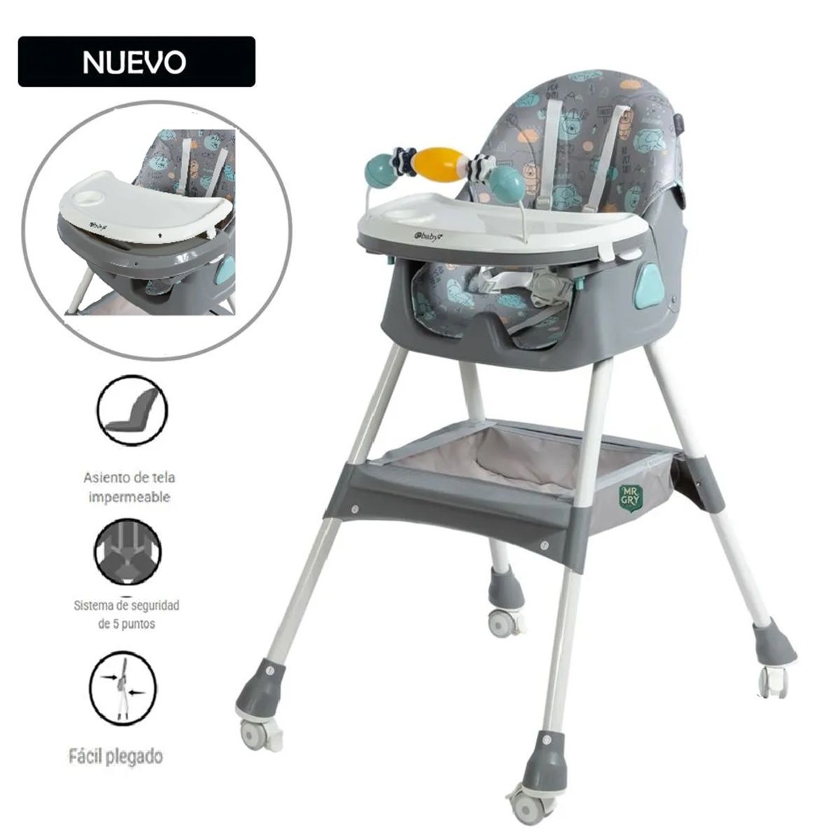 EBABY - Silla de Comer Plegable Con Ruedas Doble bandeja LULU Gris