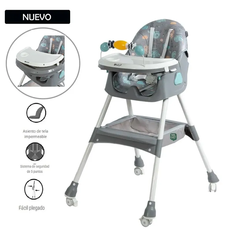 EBABY - Silla de Comer Plegable Con Ruedas Doble bandeja LULU Gris