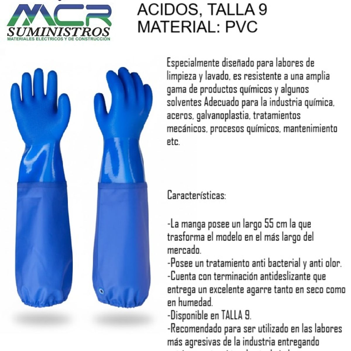 GENERICO - Guantes largo para acidos, talla 9 PVC