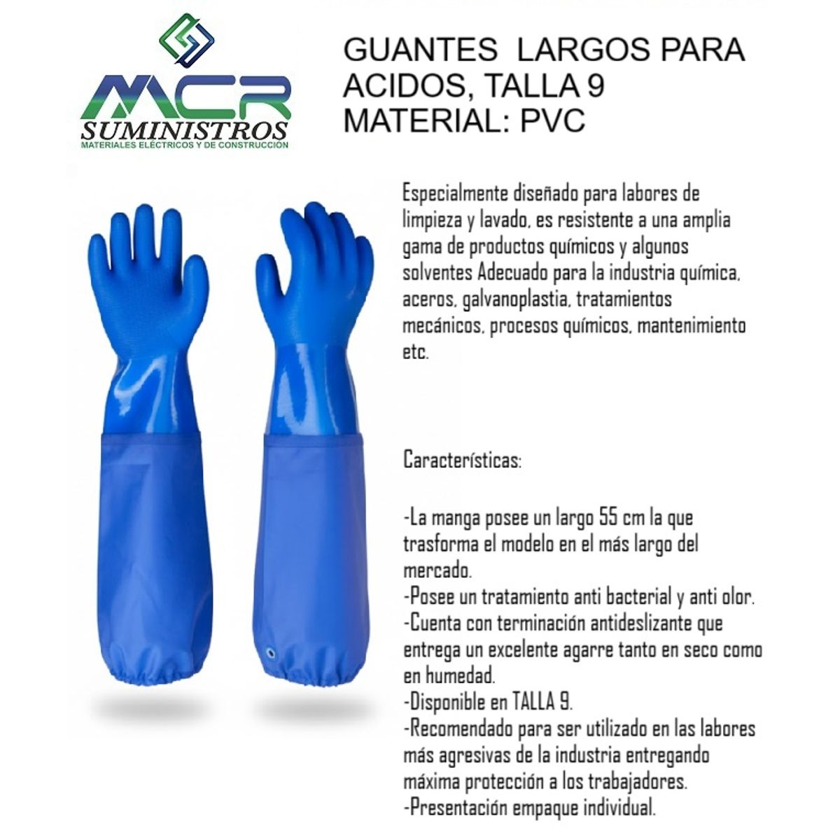 GENERICO - Guantes largo para acidos, talla 9 PVC